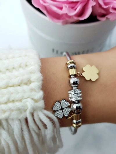 Damska Bransoleta Na Lince Zawieszki Złote Koniczynki Charms