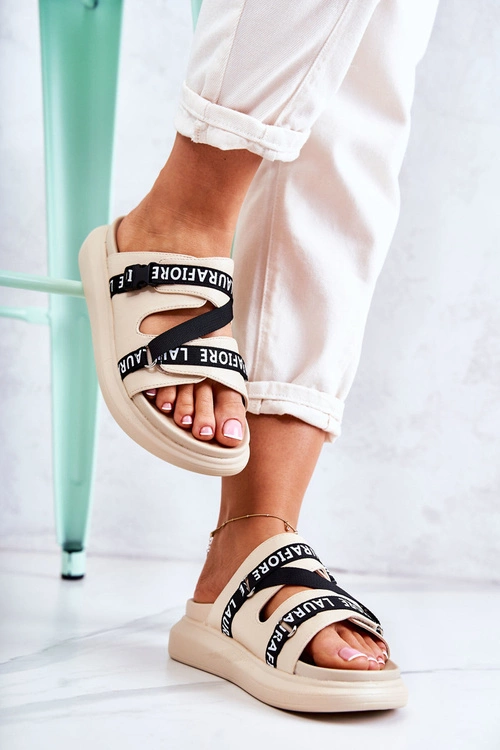 Damskie Modne Skórzane Klapki La.Fi Beżowe Menifis