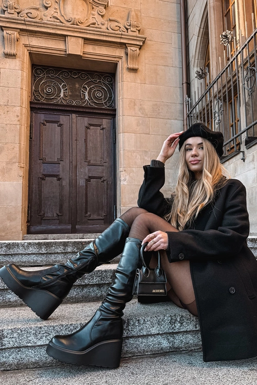 Kozaki Damskie Na Koturnie Czarne Terisse