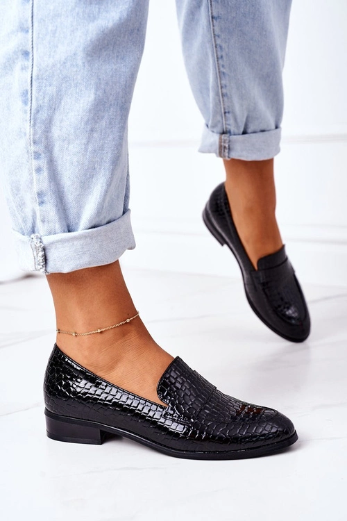 Lakierowane Mokasyny W Zwierzęcy Wzór Czarne Lenie