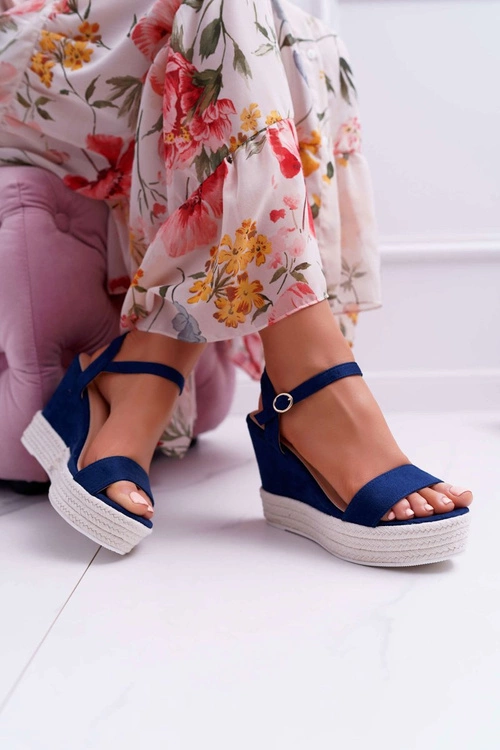 Sandały Damskie Na Koturnie Lniane Granatowe Liviana