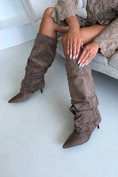Marszczone Kozaki Kitten Heel Wsuwane Zamszowe Khaki Lowen