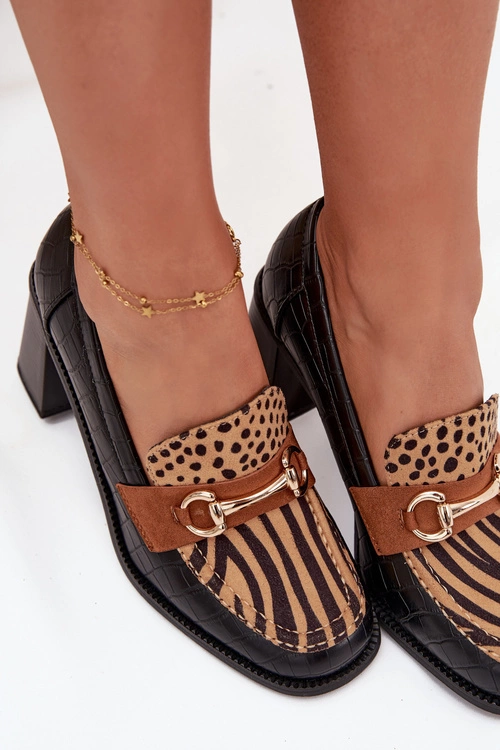 Półbuty Damskie Na Słupku Z Tłoczeniem I Złotym Detalem Czarno-Beżowe Novella