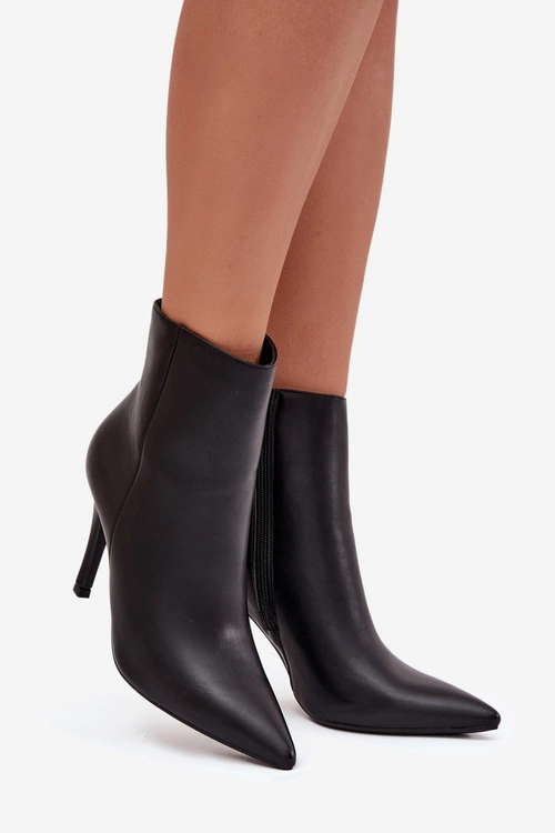 Ocieplane Botki Damskie Na Szpilce Eko Skórzane Czarne Nolisse