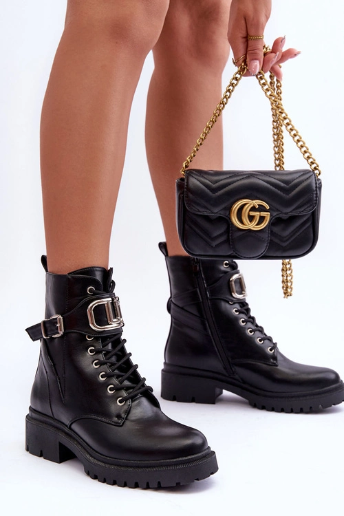 Modne Botki Workery Z Ozdobą Czarne Ollia