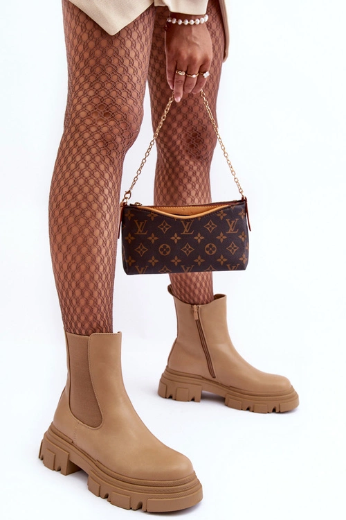 Skórzane Botki Sztyblety Na Płaskim Obcasie i Platformie Beżowe Solita