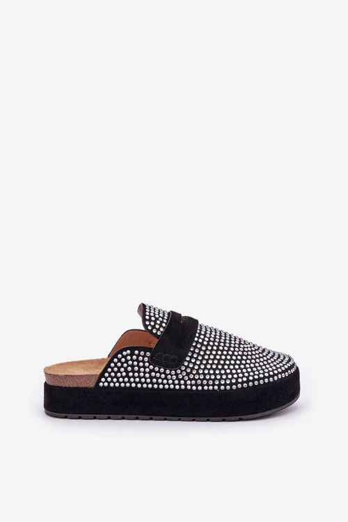 Klapki Damskie Zdobione Cyrkoniami Na Platformie Czarne Deorani