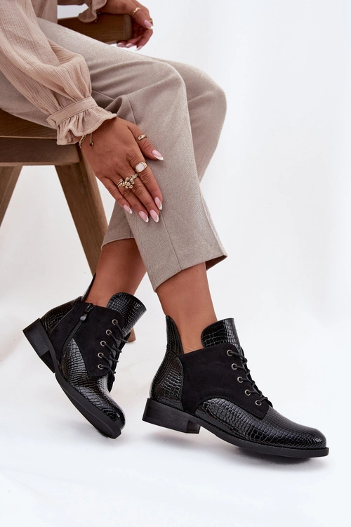 Lakierowane Botki Damskie Z Ozdobnym Tłoczeniem Ocieplane Vinceza 16477 Czarne