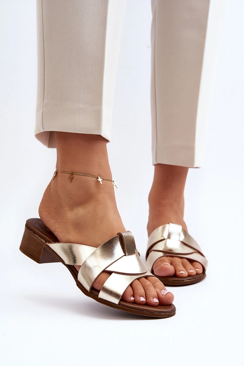 Zazoo 40236 Skórzane Klapki Damskie Na Niskim Obcasie Złote