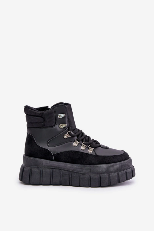 Damskie Ocieplane Botki Trapery Na Platformie Czarne Jelenia