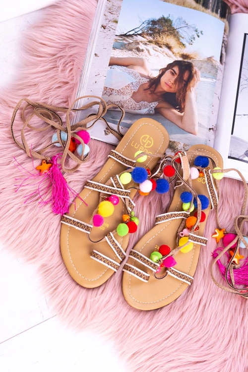 Lu Boo | Kolorowe Sandałki Pompony Rzymianki Gladiatorki