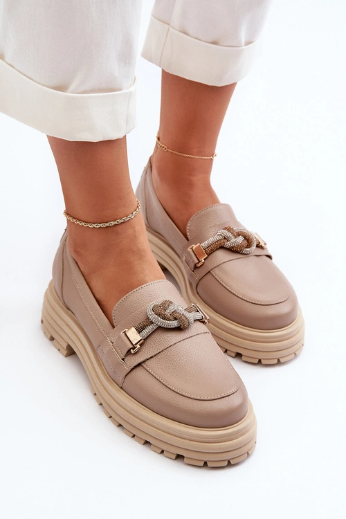 Skórzane Mokasyny Damskie Z Ozdobą Laura Messi 2780 Ciemnobeżowe