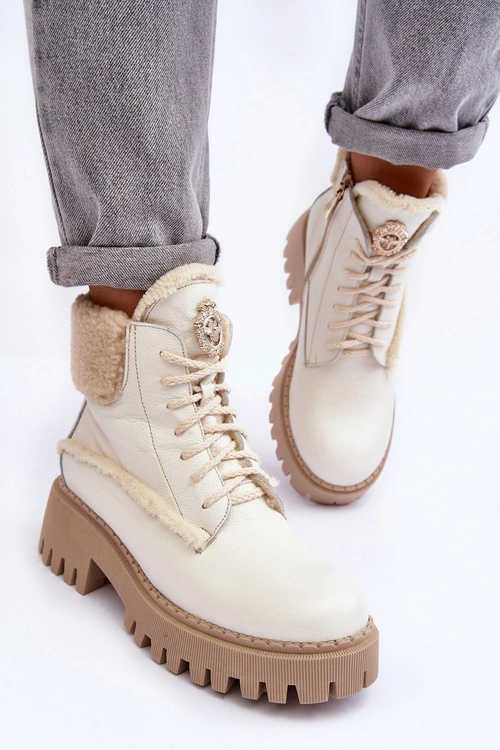 Damskie Skórzane Trapery Botki Kremowe Lemar Vergo