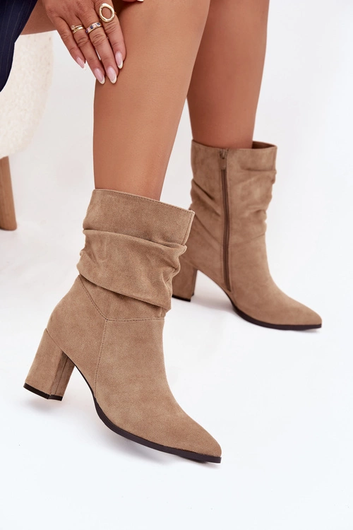 Botki Damskie Na Słupku Z Marszczeniem Ocieplane Beżowe Amelise