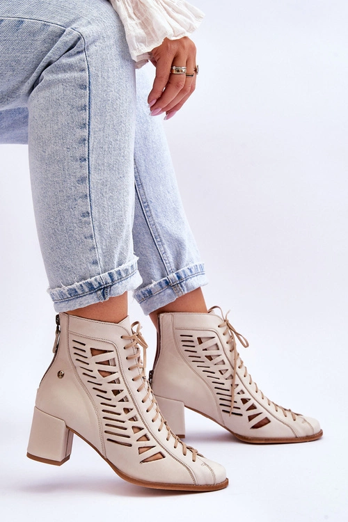 Skórzane Ażurowe Botki Maciejka 05508-22 Jasnobeżowe
