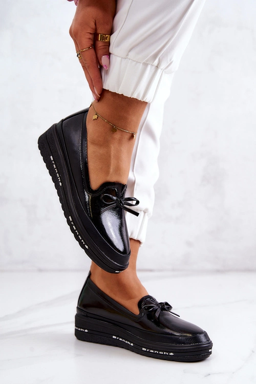 Damskie Lakierowane Mokasyny Na Koturnie Czarne Frilly