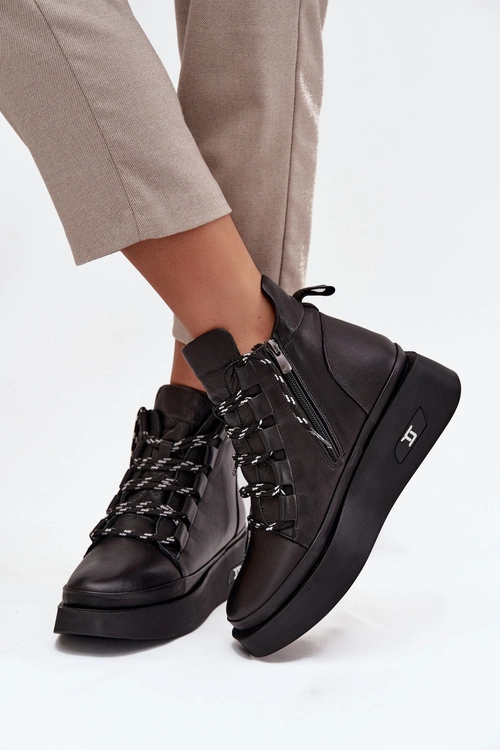 Skórzane Botki Damskie Na Platformie Ocieplane Artiker 55C0809 Czarne