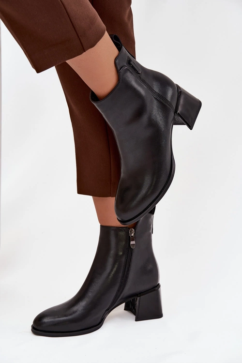 Botki Damskie Skórzane Na Obcasie Ocieplane Czarne Nolivra