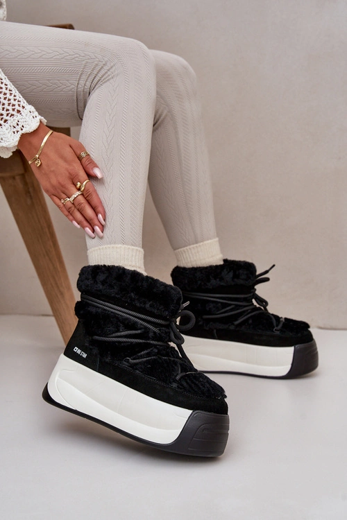 Skórzane Śniegowce Damskie Na Grubej Podeszwie Z Futerkiem Big Star OO274A206 Czarne