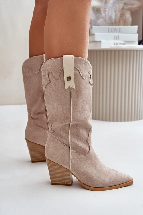 Ocieplane Kozaki Kowbojki Na Słupku Eko Zamszowe Beżowe Hanivin