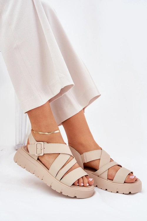 Skórzane Sandały Damskie Na Platformie Z Klamrą Beżowe Selianae
