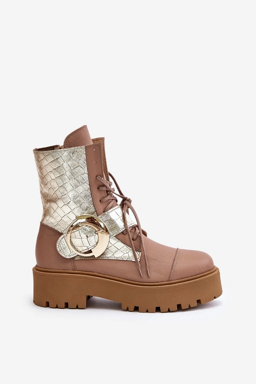 Zazoo 2942 Skórzane Botki Workery Ze Złotą Klamrą Beżowe