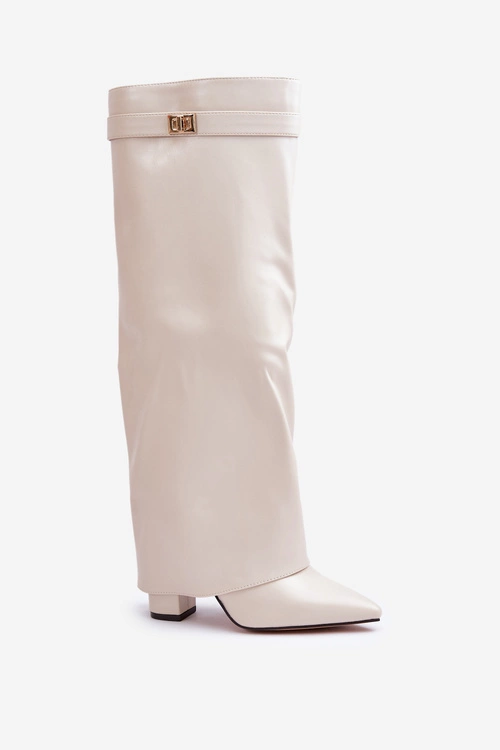 Kozaki Damskie Eko Skórzane Z Wywiniętą Cholewką Na Słupku Jasnobeżowe Avamora