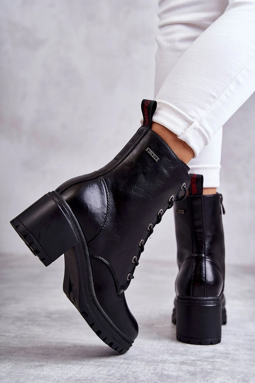 Damskie Ocieplane Botki Na Obcasie Czarne Grethe