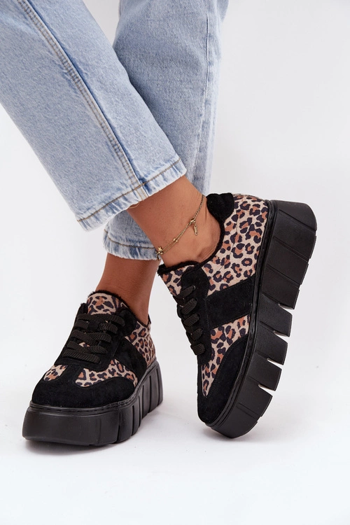 Zamszowe Ocieplane Sneakersy Damskie Na Masywnej Platformie Vinceza 66841 Panterka Czarne
