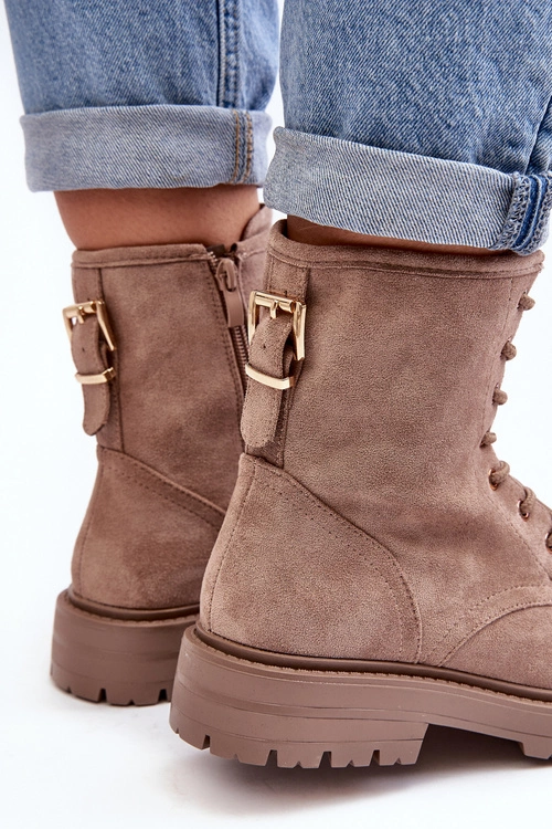 Damskie Botki Workery Na Suwak Ciemnobeżowe Ninsuni