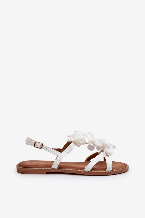 Sandały Damskie Płaskie Ozdobione Kwiatkami Białe Abidina