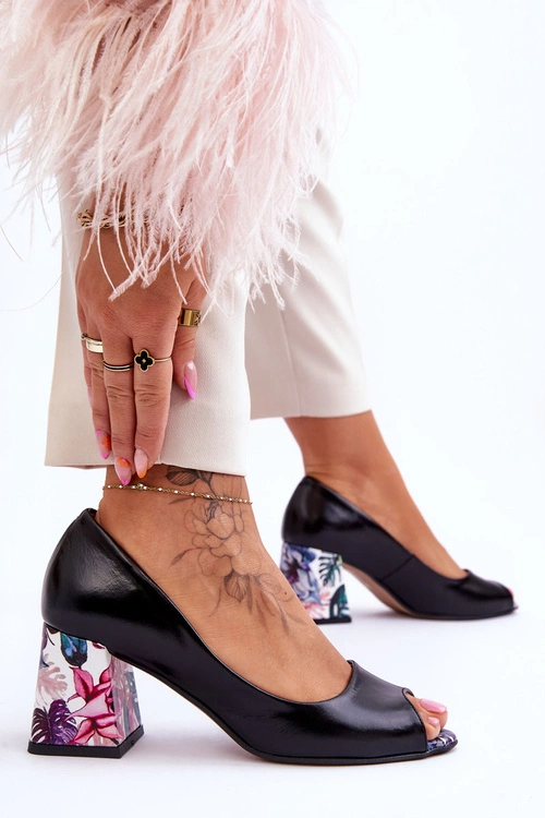 Skórzane Czółenka Z Ozdobnym Obcasem Lewski Shoes 2608/K Czarne