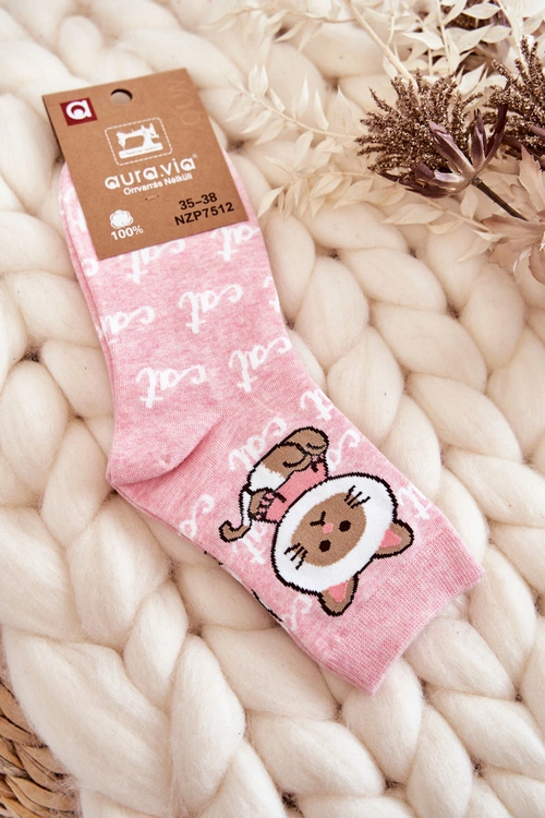 Damskie Bawełniane Skarpetki Kotek Różowe