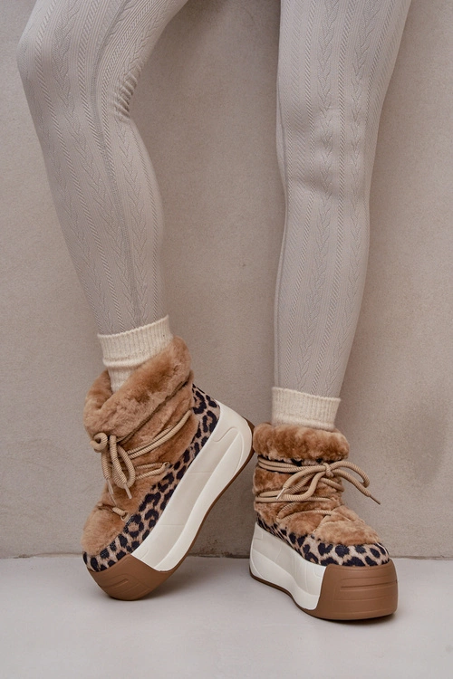 Skórzane Śniegowce Damskie Na Grubej Podeszwie Z Futerkiem Panterka Big Star OO274A208 Brązowe