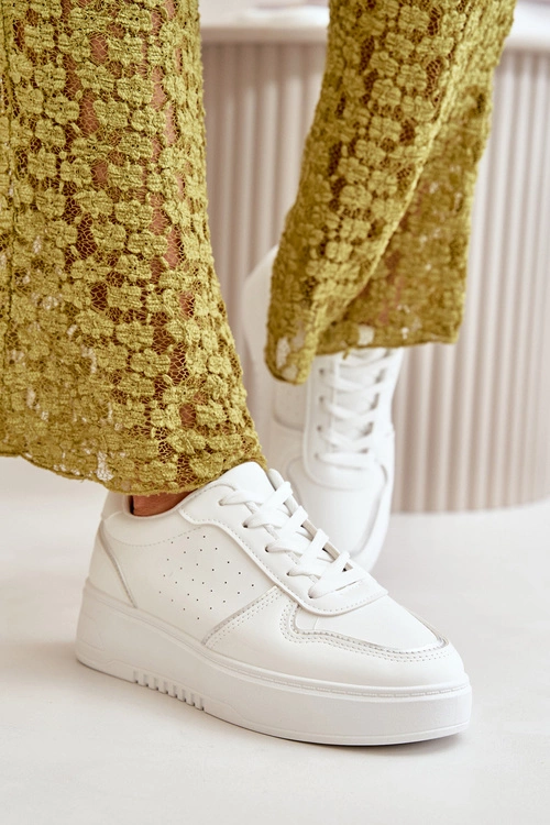 Sneakersy Damskie Na Platformie Z Ozdobnym Sznurowaniem Białe Mistra