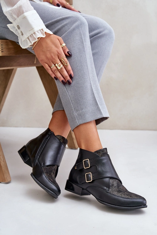 Skórzane Botki Na Niskim Obcasie Z Klamrami Maciejka 06696-01 Czarne