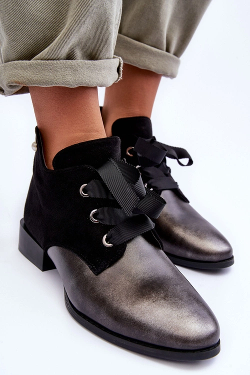 Damskie Półbuty Na Płaskim Obcasie Z Wiązaniem Czarne Meroni - Zamsz