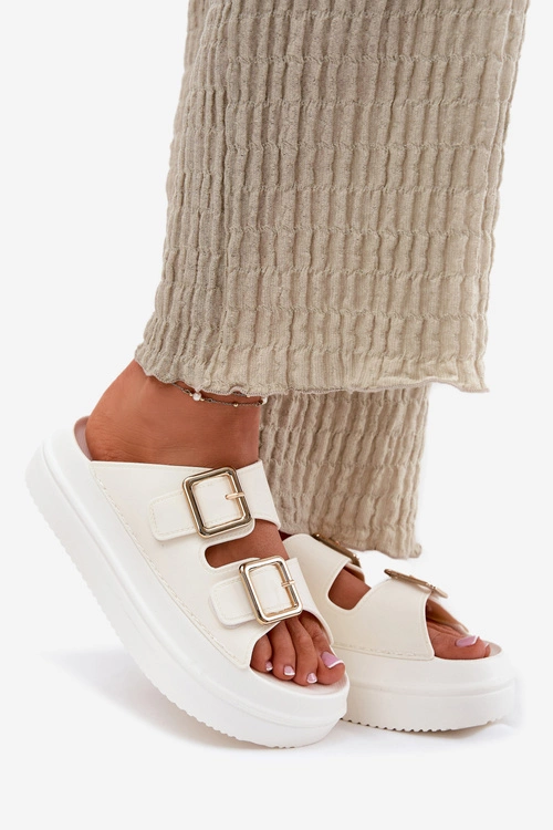 Klapki Damskie Na Platformie Ze Złotymi Klamrami Ecru Zorila