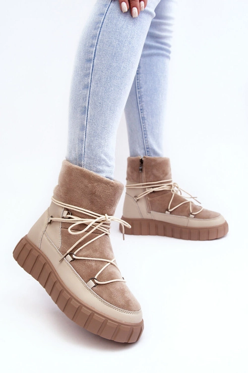 Skórzane Śniegowce Botki Na Platformie Beżowe Maxava