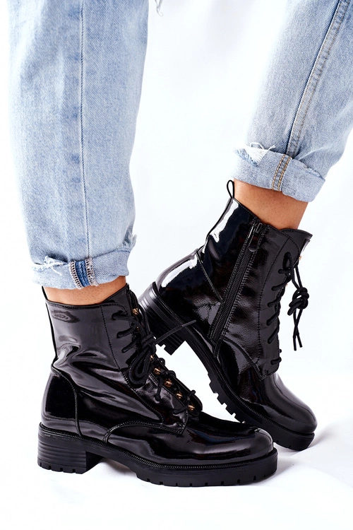 Botki Damskie Workery Lakierowane Czarne Maniana