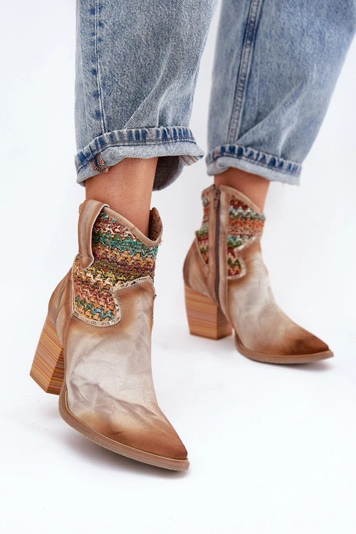 Skórzane Botki Kowbojki Na Słupku Z Ozdobną Plecionką Maciejka 06810-29 Multikolor