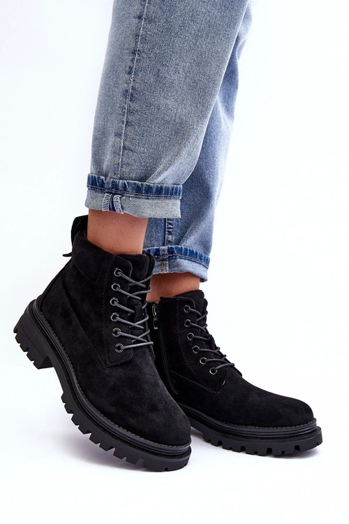 Zamszowe Trapery Botki Ocieplane Czarne Alden