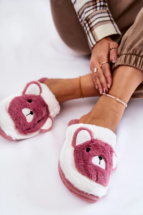 Damskie Futrzane Papcie Z Misiem Różowo-Białe Solly