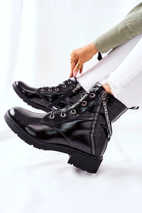 Botki Damskie Workery Lakierowane Czarne Goorey