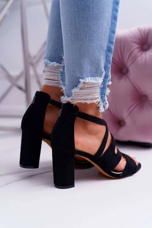 Damskie Sandały Na Słupku Zamszowe Czarne Lemilia