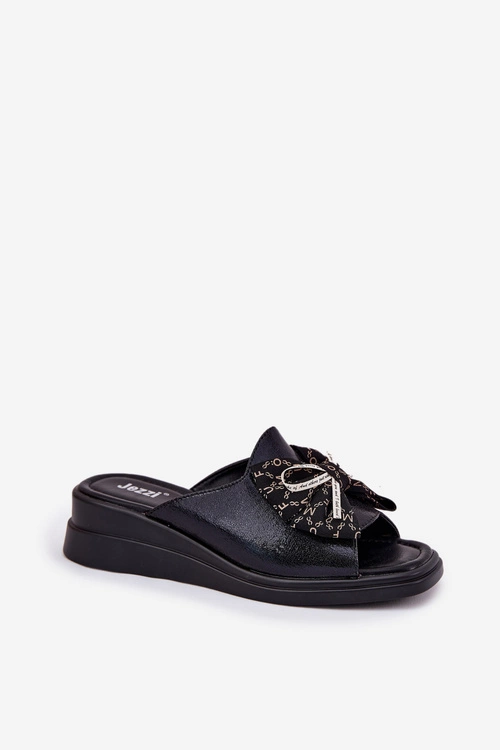 Klapki Damskie Na Koturnie Z Kokardą Czarne Moonzella