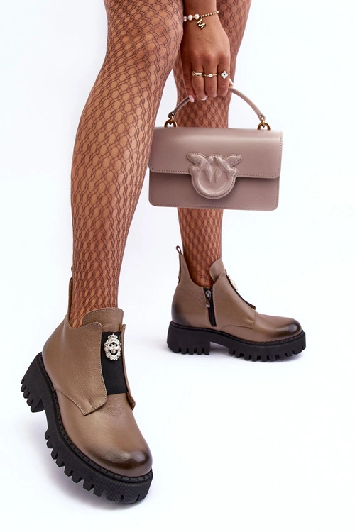 Damskie Skórzane Botki Z Ozdobą Beżowe Lemar Lusanna