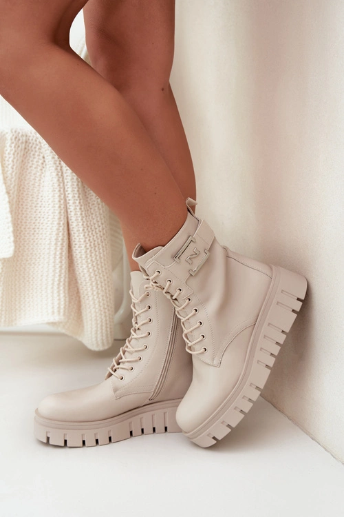 Botki Damskie Na Platformie Z Ozdobnym Detalem Ocieplane Jasnobeżowe Lyrana