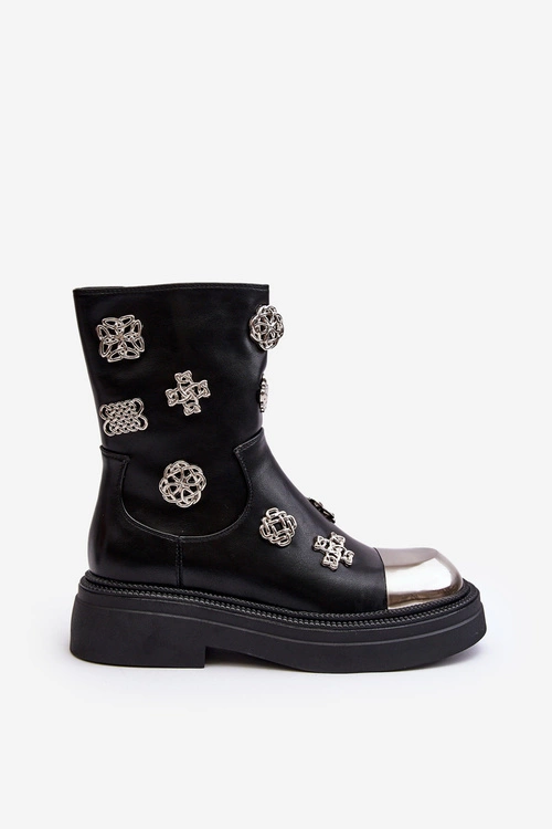 Skórzane Ocieplane Botki Z Ozdobami D&A MR870-14A Czarne