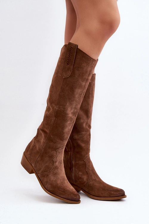 Zazoo 3427 Damskie Zamszowe Kozaki Kowbojki Brązowe